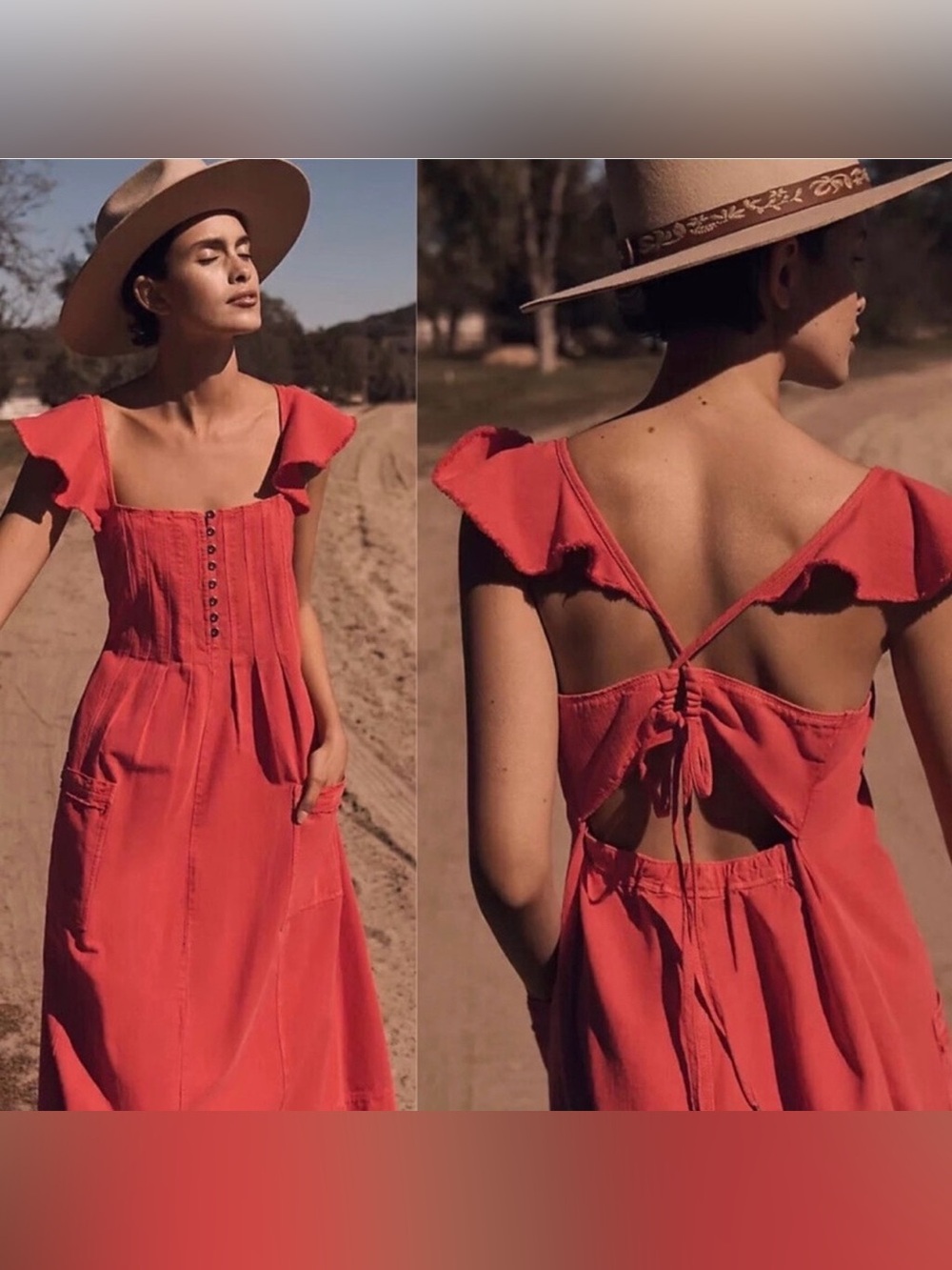 🧡 NWT 🆕 Anthropologie Pilcro XSP Flutter Sleeve Midi Dress - Redish Orange